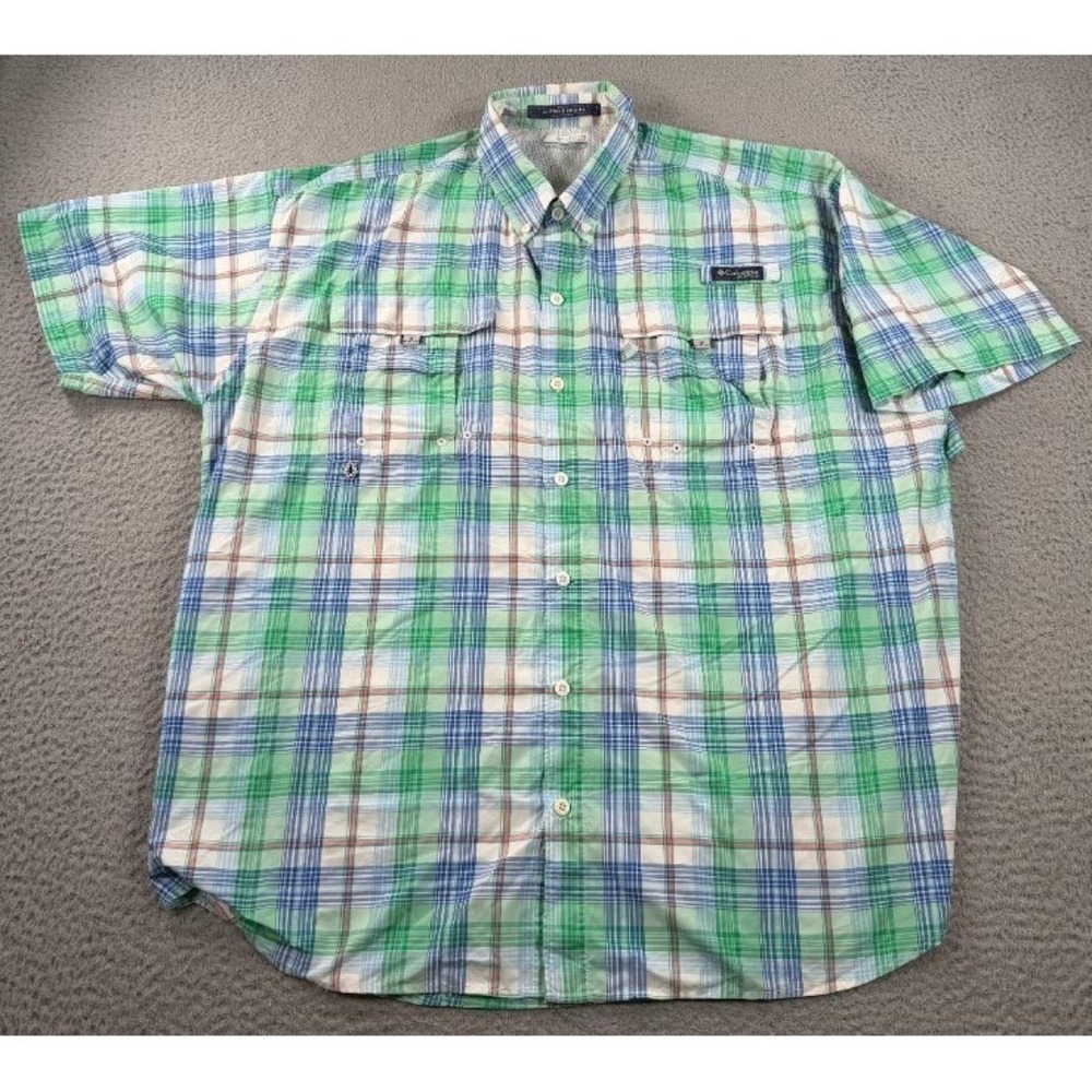 Columbia PFG Super Bahama Shirt Mens XL Green Blue Plaid Vented Fishing SS